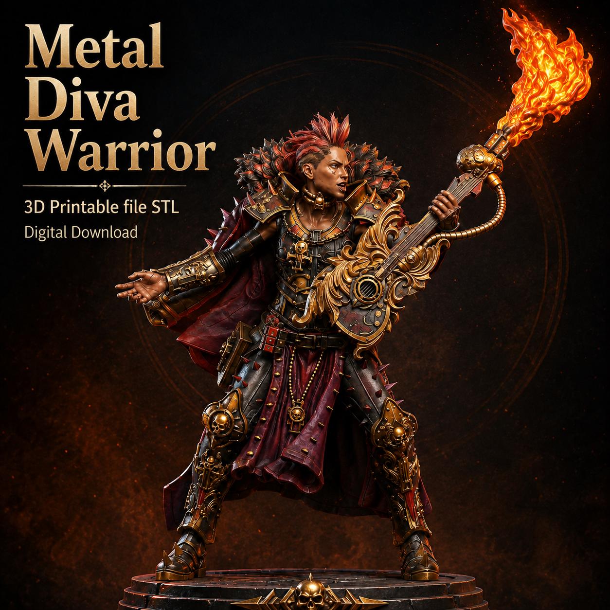 il_fullxfull.8171392627_rlnh.jpg Metal Diva Warrior STL File for 3D Printing, Rock Star Miniature, Futuristic Female Musician Figure, Digital Download - Image 1
