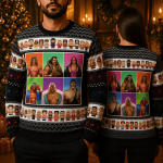 Retro Wrestling Legends Inspired Ugly Christmas Sweatshirt, Classic Wrestler Holiday Sweatshirt, 80s Wrestling Style Xmas Gift 1