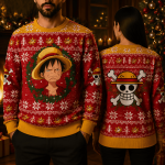 Anime Inspired Pirate Warrior Ugly Christmas Sweater, Fantasy Adventure Holiday Sweatshirt, Cartoon Hero Xmas Party Gift
