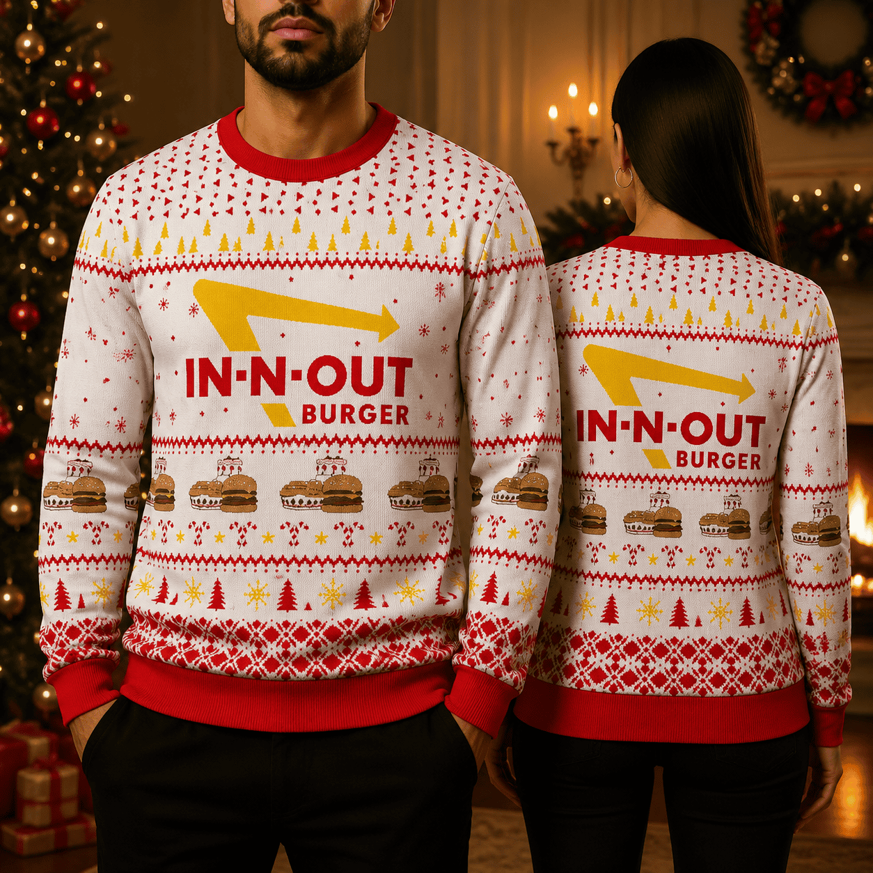 Funny Burger Lover Ugly Christmas Sweater, Retro Fast Food Holiday Sweatshirt, Festive Xmas Party Sweater, Foodie Gift Funny Burger Lover Ugly Christmas Sweater, Retro Fast Food Holiday Sweatshirt, Festive Xmas Party Sweater, Foodie Gift - Image 1