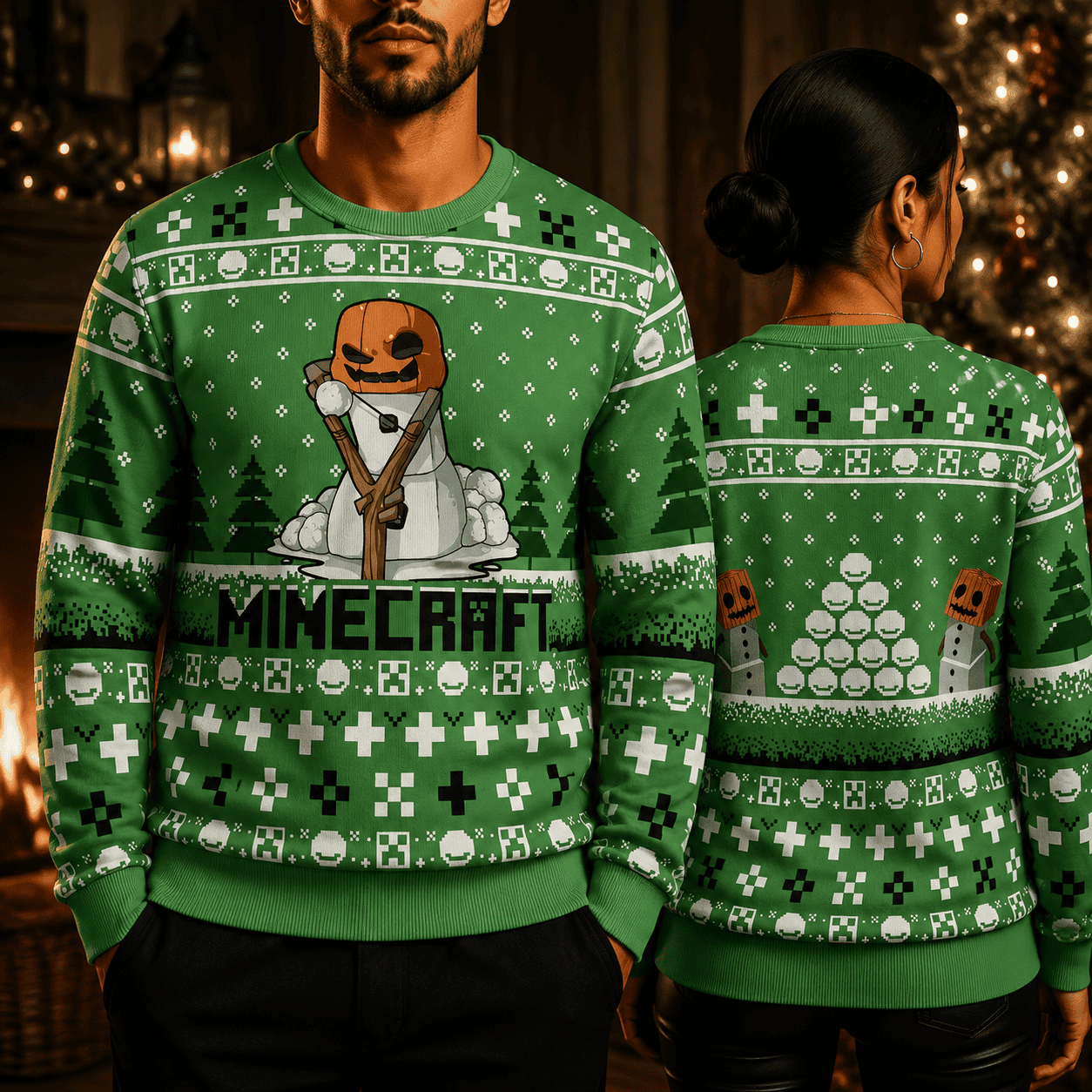 Snow Golem Ugly Christmas Sweater, Block Style Winter Sweatshirt, Pixel Art Holiday Sweater, Gamer Christmas Gift Snow Golem Ugly Christmas Sweater, Block Style Winter Sweatshirt, Pixel Art Holiday Sweater, Gamer Christmas Gift - Image 1