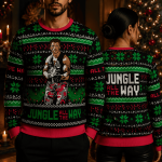 Jungle Adventure Ugly Christmas Sweater, Funny Holiday Sweatshirt, Retro Action Style Xmas Party Sweater, Adventure Lover Gift