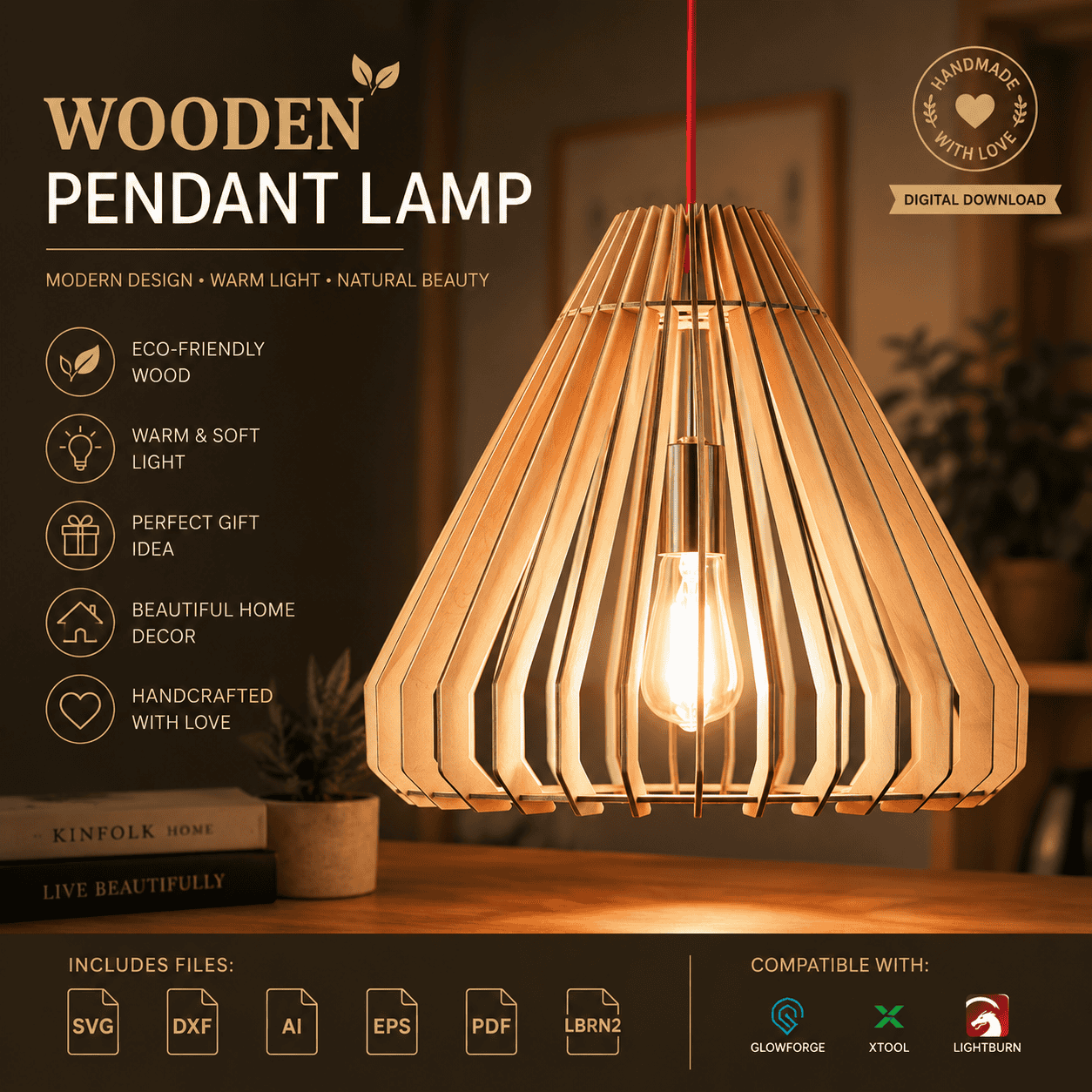 0148426d-bd32-4cd5-98fc-280325e527c5(1) Wooden Pendant Lamp SVG | Laser Cut Ceiling Light Template | 3D Hanging Lamp DXF | Glowforge LightBurn Files | CNC Wood Decor | Digital Download - Image 1