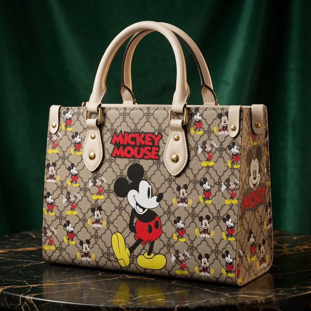 017323 Cute Cartoon Mouse Pattern Leather Handbag, Vintage Shoulder Bag, Crossbody Top Handle Purse 017323 Cute Cartoon Mouse Pattern Leather Handbag, Vintage Shoulder Bag, Crossbody Top Handle Purse - Image 1