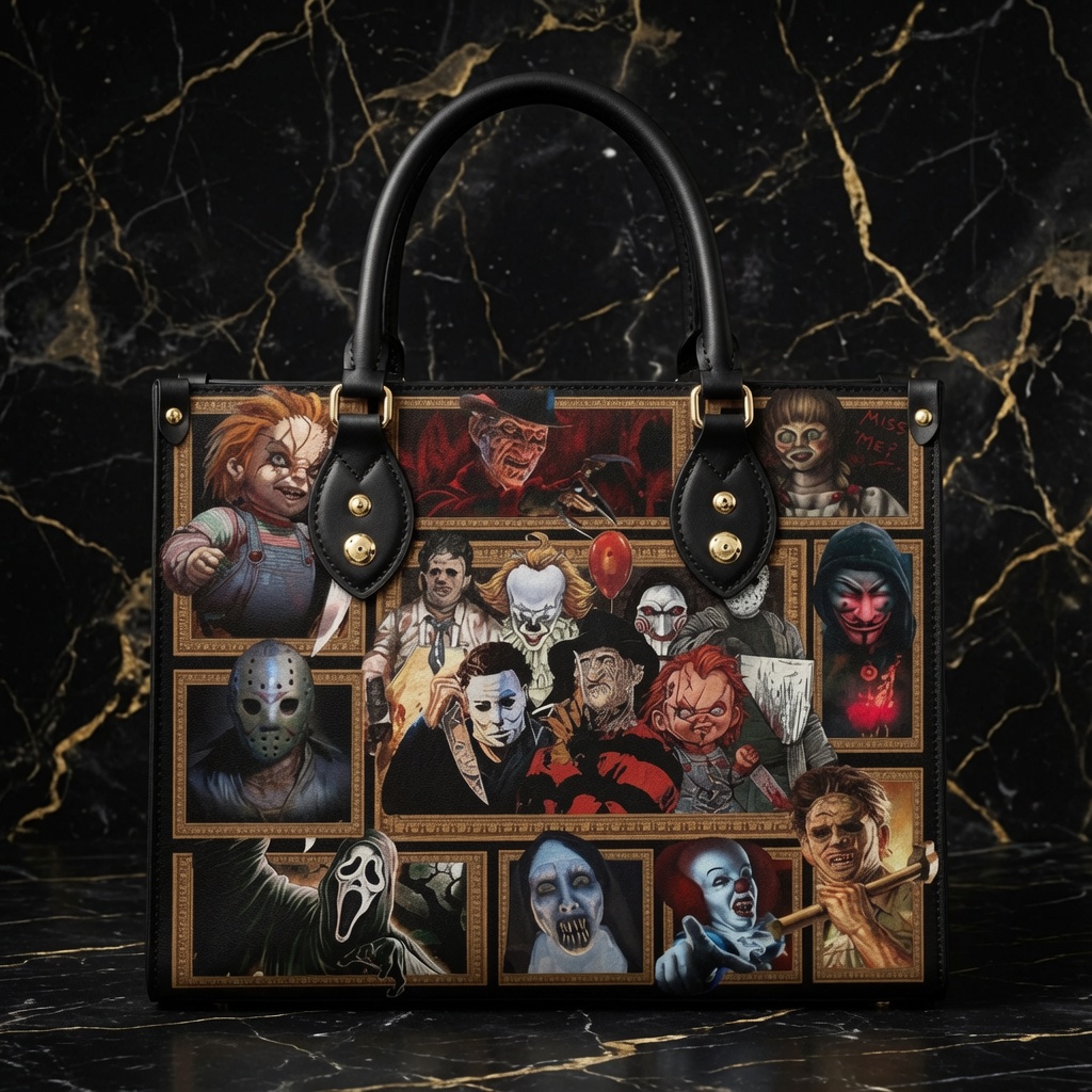 Personalized Horror Inspired Leather Handbag, Leather Tote Bag, Spooky Womens Shoulder Purse Personalized Horror Inspired Leather Handbag, Leather Tote Bag, Spooky Womens Shoulder Purse - Image 1