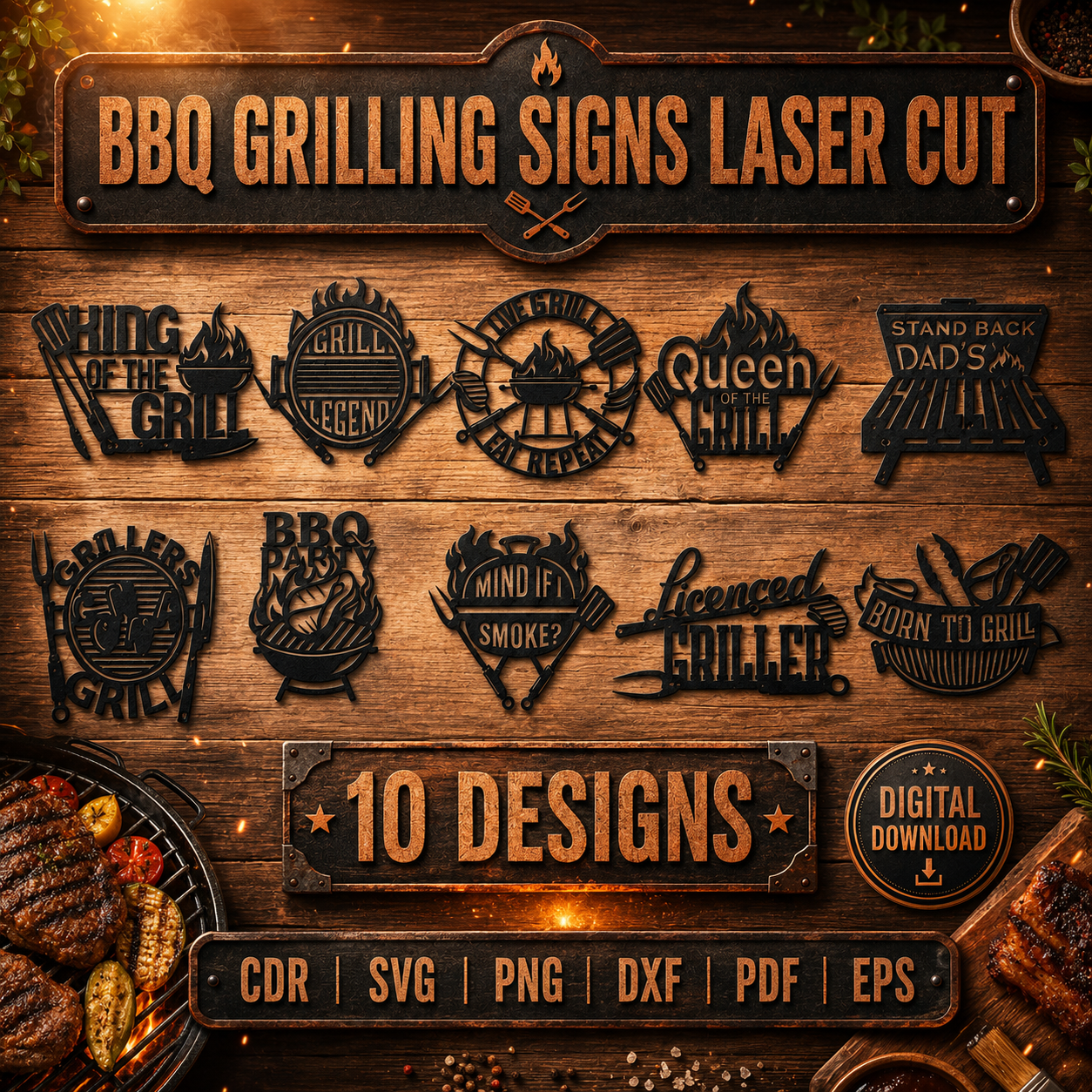 07ecf358-462e-40c7-958d-cc9fd8320f22 BBQ Grilling Quotes SVG, Funny Grill Master Signs, Backyard Patio Decor, Laser Cut File Bundle - Image 1