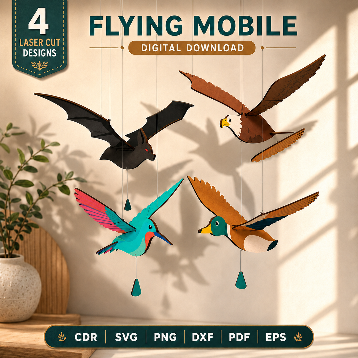 1 Baby Flying Mobile Laser Cut File, Nursery Crib Mobile SVG DXF, Wooden Airplane Cloud Decor, CNC Cut Template - Image 1