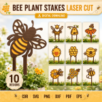 Bee Garden Stakes SVG, Spring Honey Bee Plant Marker DXF, Laser Cut Yard Decor File, Cute Outdoor Plant Sign Template