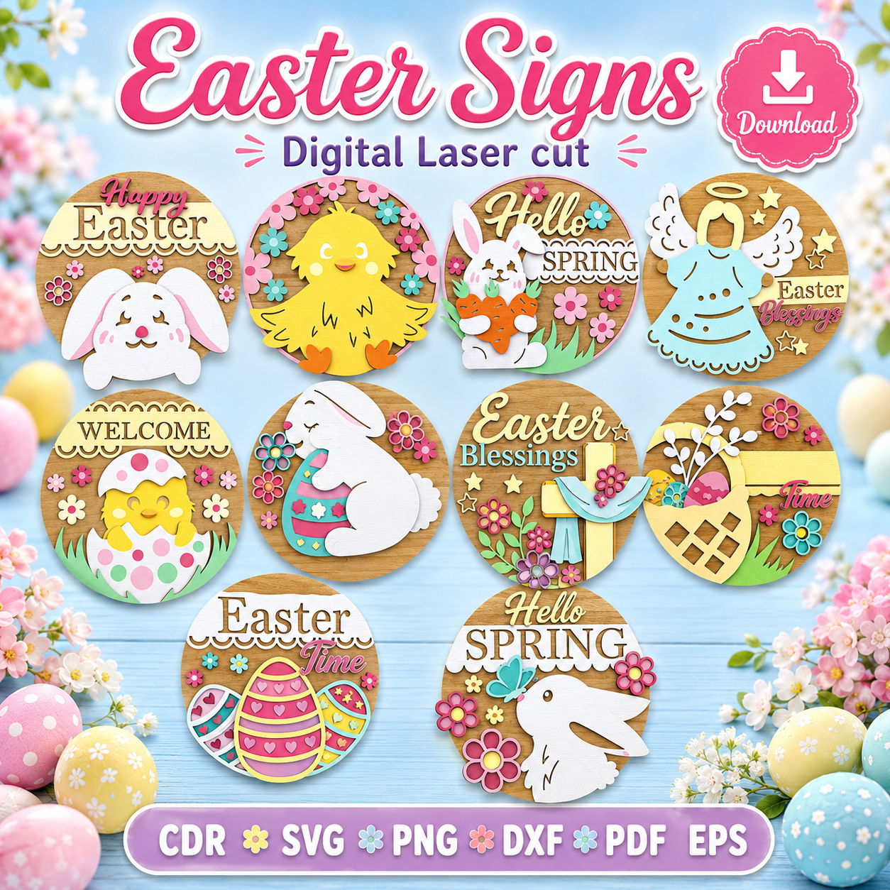 11 Easter Signs SVG | Easter Door Sign Laser Cut File | Digital Download | CDR SVG PNG DXF PDF EPS - Image 1