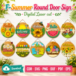 Summer Round Door Sign SVG, Digital Download, Summer Door Hanger, Laser Cut File, Farmhouse Summer Decor, CDR SVG PNG DXF PDF EPS