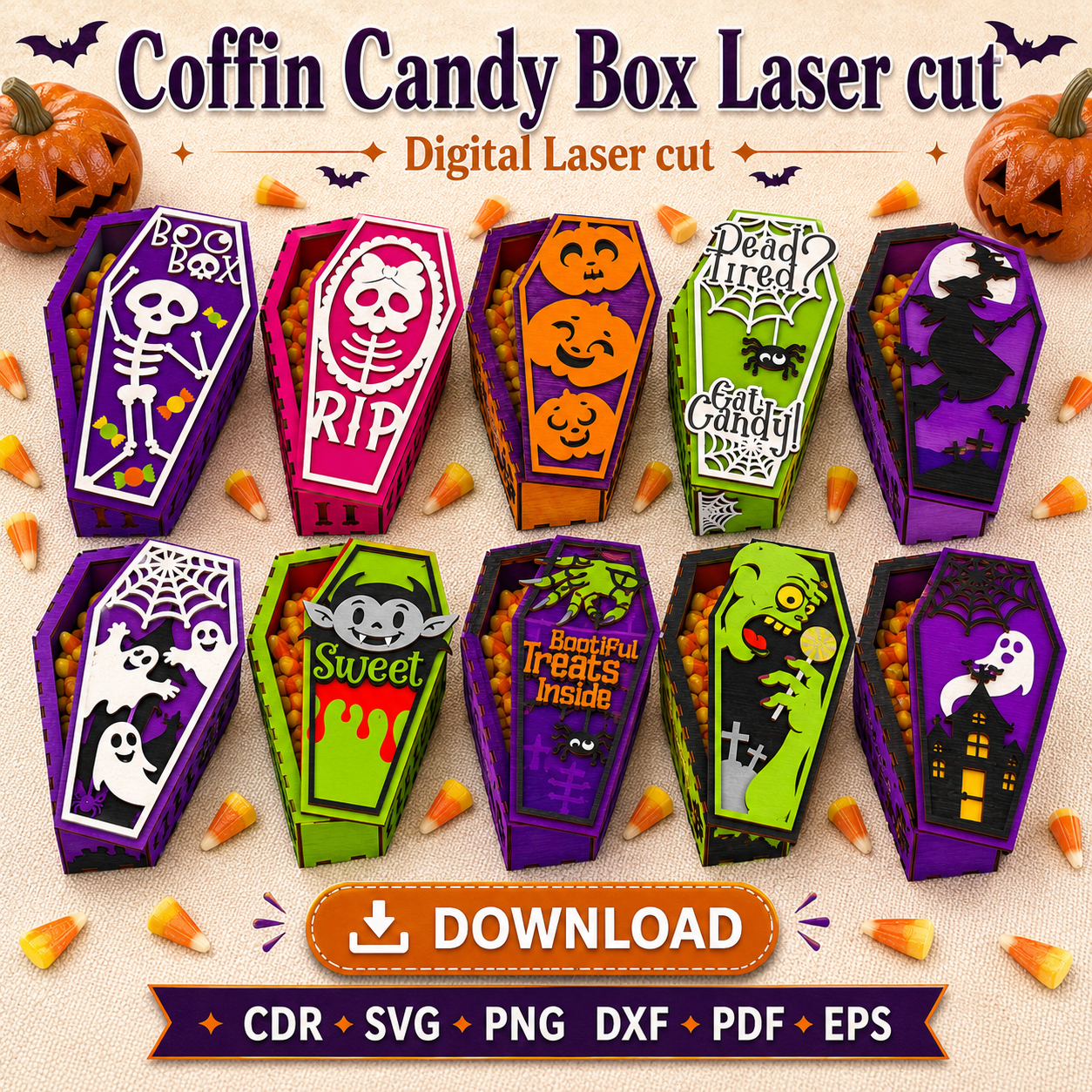 11 Halloween Coffin Box SVG | Candy Box Laser Cut File - Image 1