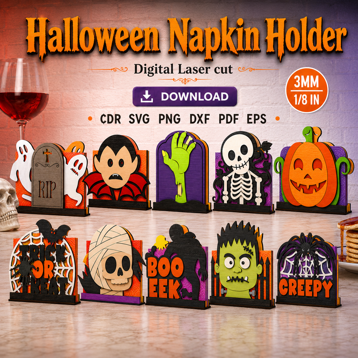 11 Halloween Table Decor SVG | Napkin Holder Laser Cut File - Image 1