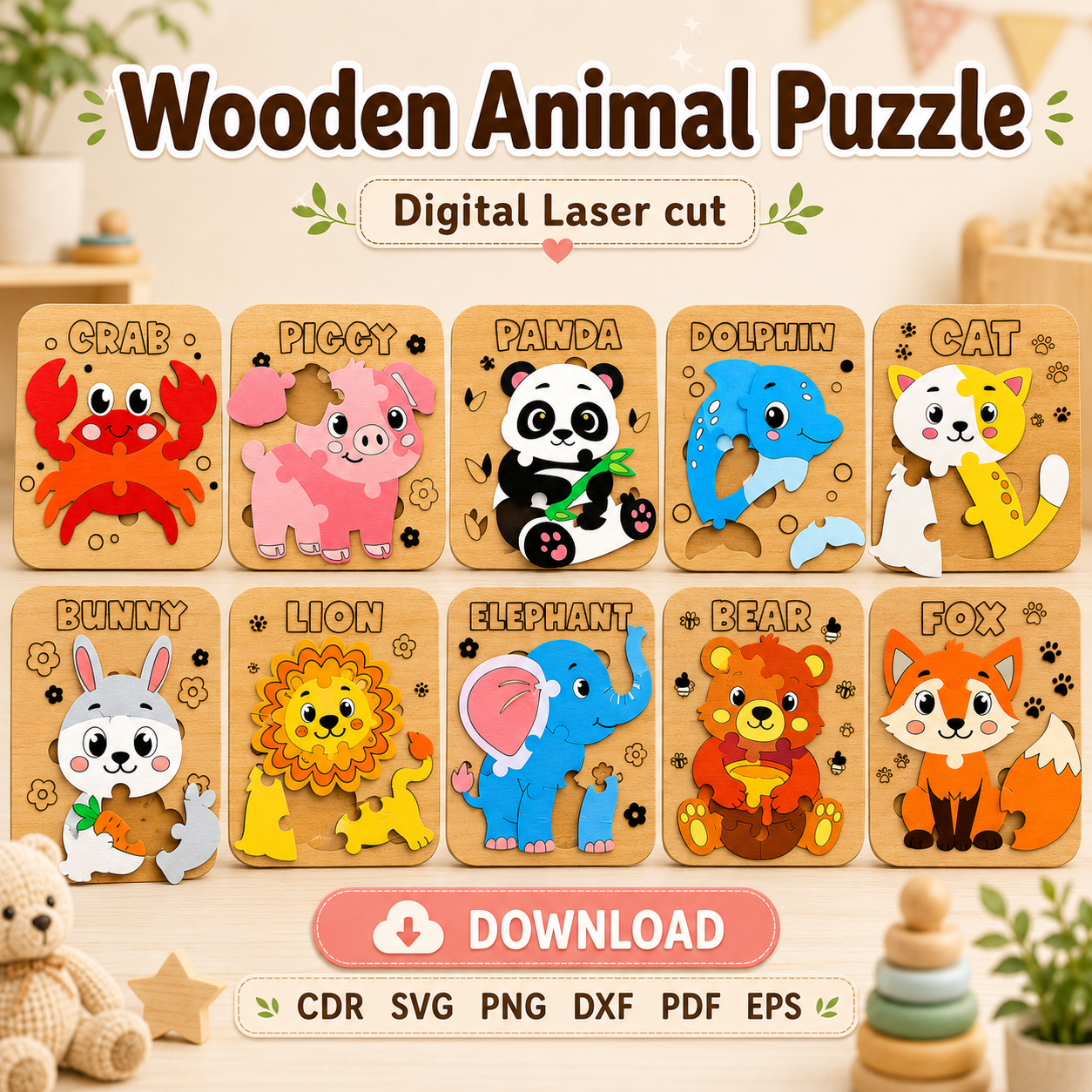 11 Animal Puzzle SVG | Wooden Montessori Puzzle Laser Cut - Image 1