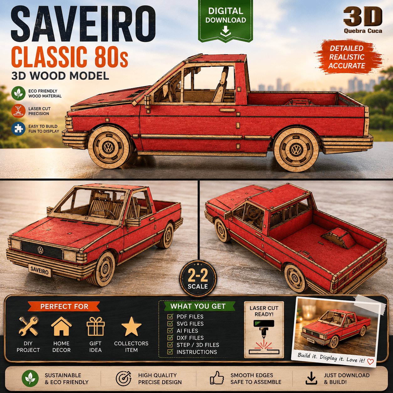 2 VW Saveiro 3D Wooden Puzzle SVG, Laser Cut Files, Classic 80s Pickup Truck, CNC, DXF, EPS, AI, PDF, Glowforge, LightBurn, Digital Download - Image 1