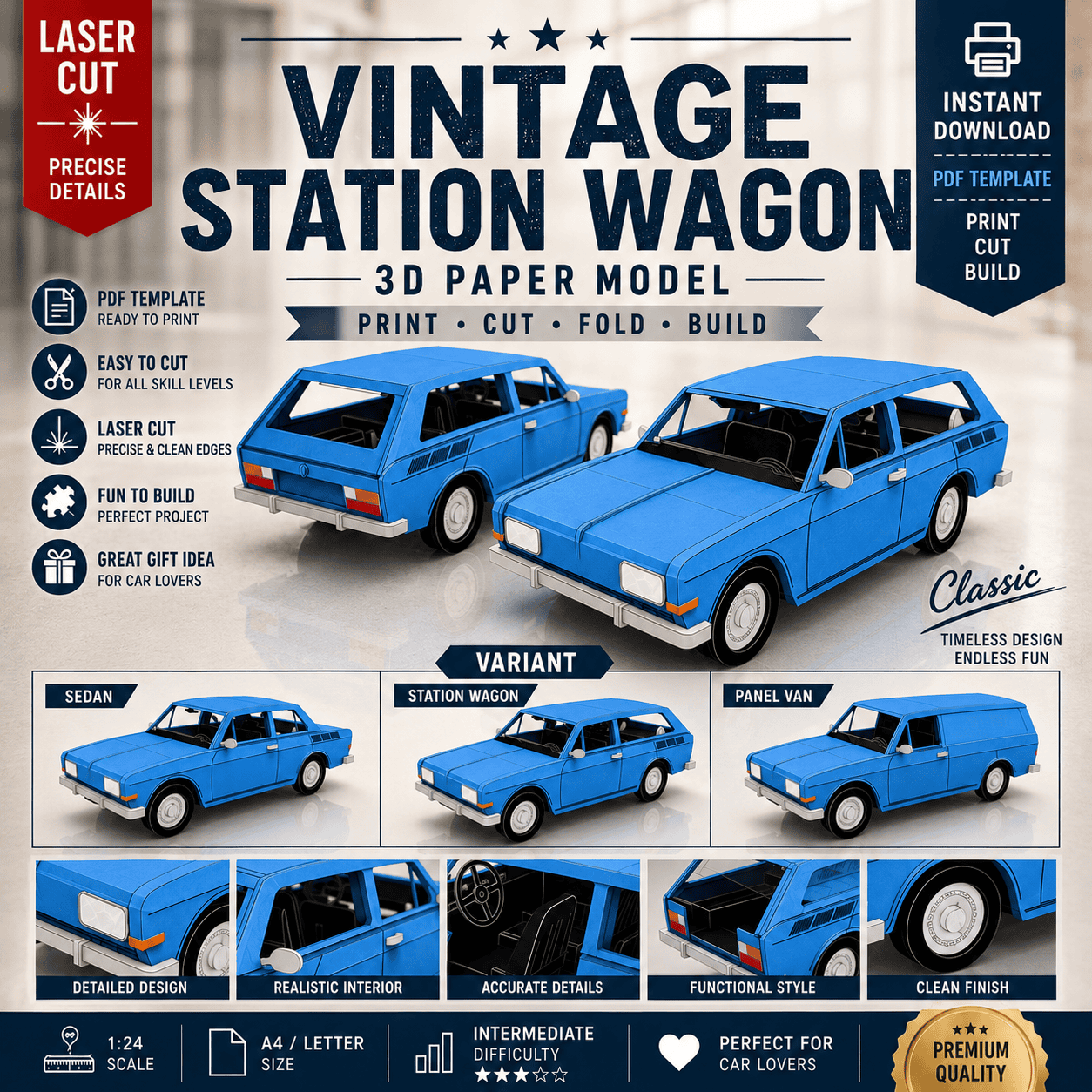 2 Vintage Wagon 3D Paper Model SVG, Laser Cut Car Template, Papercraft, PDF, DXF, EPS, AI, Cricut, Glowforge, xTool, Instant Download - Image 1