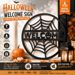 Halloween Welcome Sign SVG, Spider Web Welcome Door Sign, Laser Cut SVG Files, Glowforge, Cricut, xTool, CNC, Wood Door Hanger, DIY Halloween Decor, Digital Download
