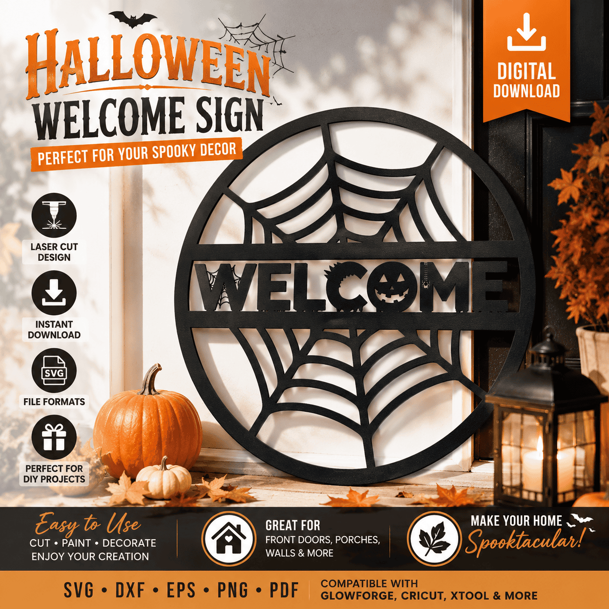 2 Halloween Welcome Sign SVG, Spider Web Welcome Door Sign, Laser Cut SVG Files, Glowforge, Cricut, xTool, CNC, Wood Door Hanger, DIY Halloween Decor, Digital Download - Image 1