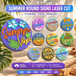 Summer Round Sign Bundle SVG, Beach Welcome Door Hanger, Laser Cut Round Sign DXF PNG EPS, Summer Porch Decor File