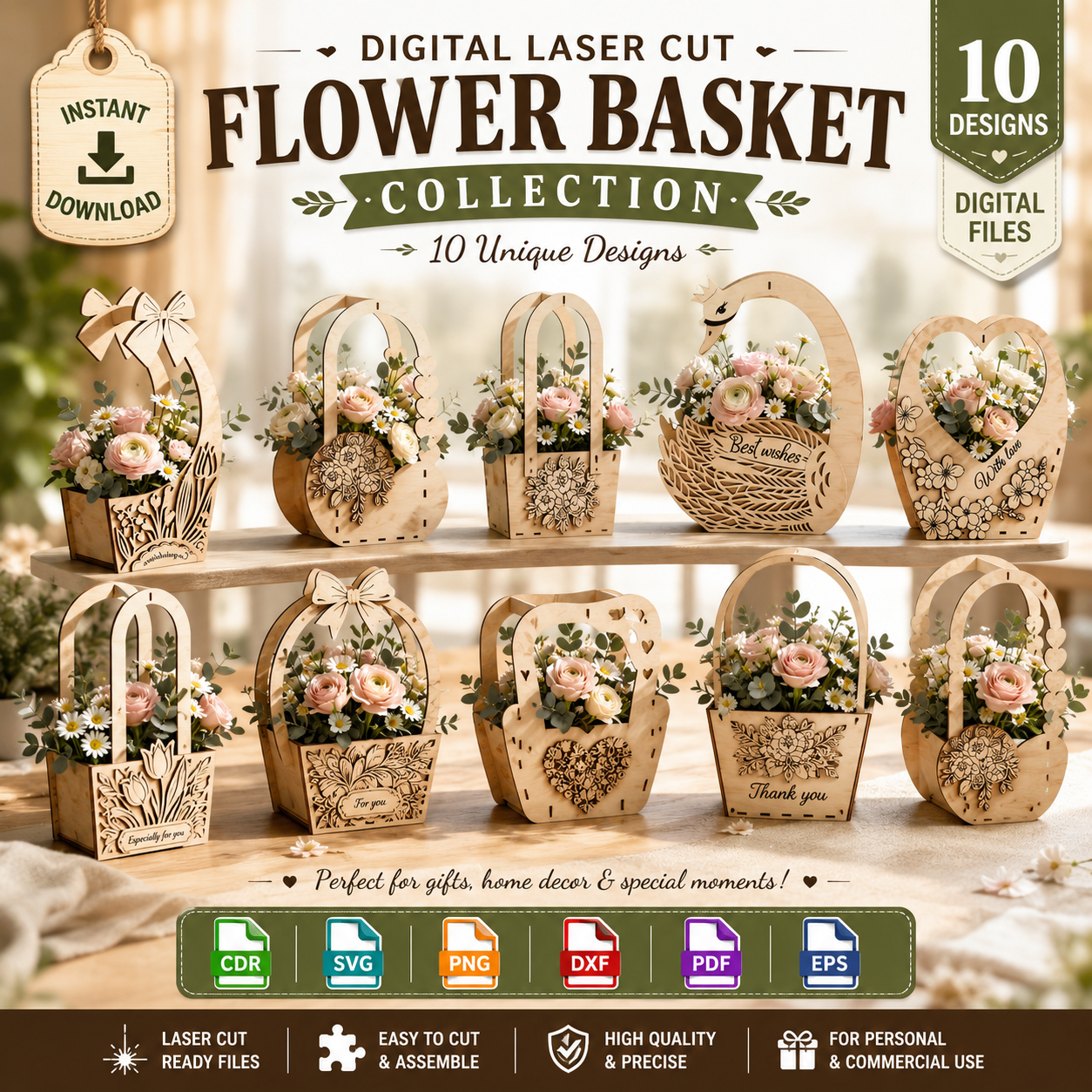 437feb25-8f5f-491a-9e80-e04404e6993a Flower Basket SVG Laser Cut Bundle, 4 Wedding Handle Caddy Designs, Wooden Floral Basket DXF PDF EPS Files - Image 1