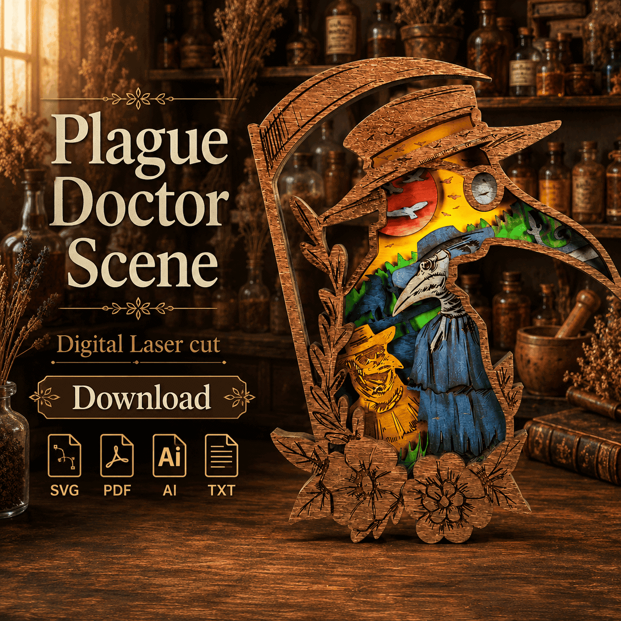 52edc34c-7b22-4c97-80ae-f3a54e799f6d Plague Doctor SVG Laser Cut File, Gothic Decor , Glowforge Multilayer - Image 1