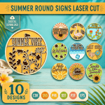 Summer Door Hanger SVG Bundle, Round Welcome Sign Laser Cut File, Porch Decor CNC Template DXF CDR SVG PNG EPS