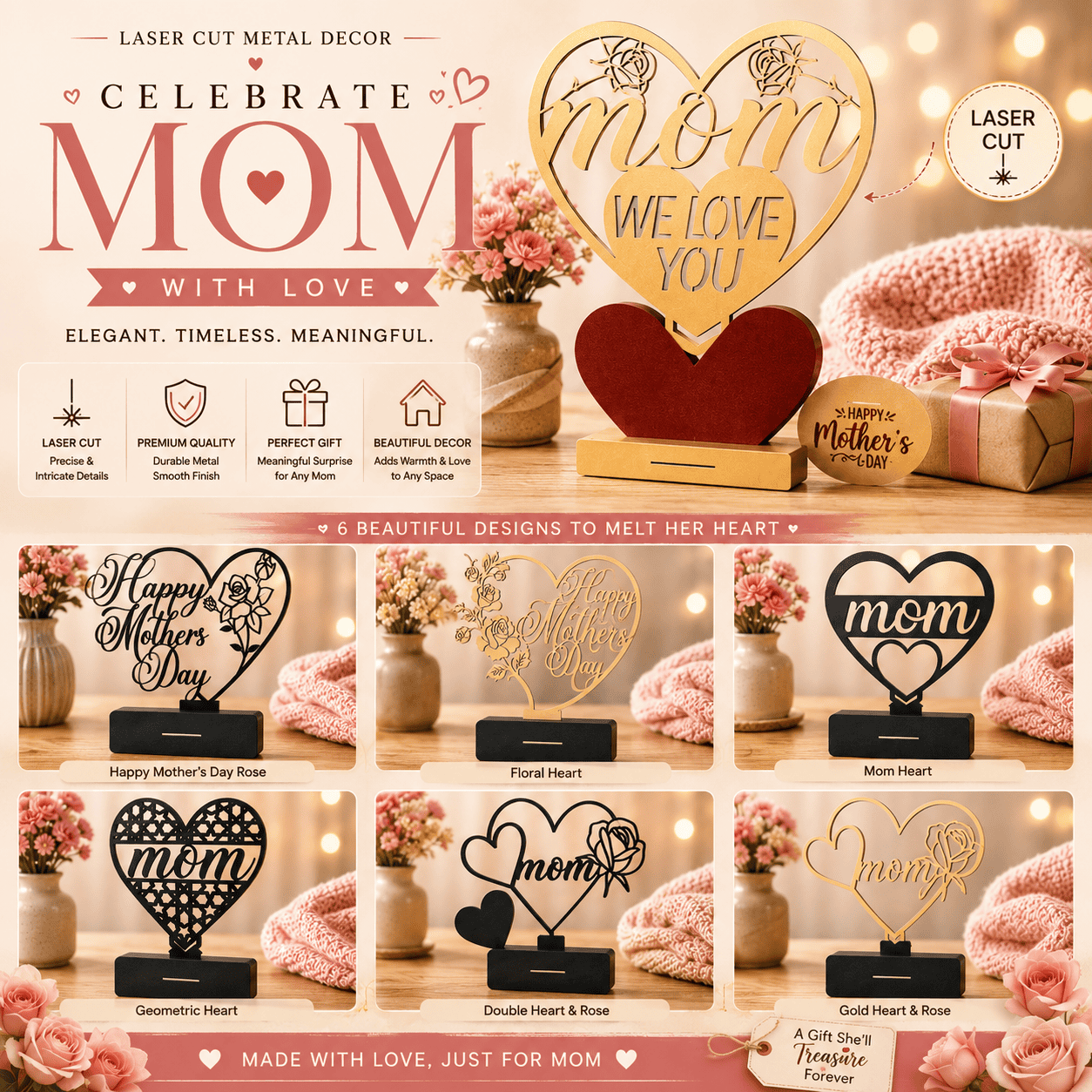 8 Laser Cut Mom Heart SVG, Mothers Day Sign, Metal Decor Laser Cut File, Glowforge SVG, CNC DXF, EPS, AI, Digital Download - Image 1