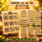 Camping Tic Tac Toe Laser Cut File, Wooden Travel Game SVG DXF, Kids Camp Game Template