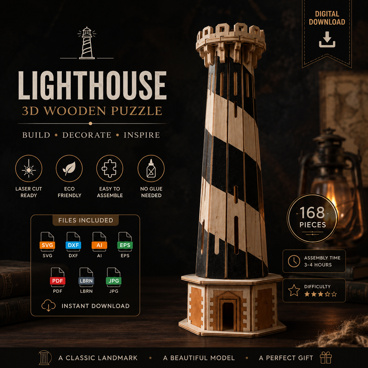 9638213e-42e6-47e2-a8d0-5bac99034aac Lighthouse 3D Wooden Puzzle SVG | Laser Cut Files | CNC DXF Template | DIY Wood Model | Glowforge | Digital Download - Image 1