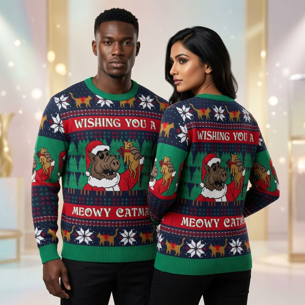 ALF Meowy Catmas Ugly Christmas Sweater, Funny Cat Christmas Sweatshirt, Retro Xmas Pullover, Ugly Holiday Sweater Gift for Men Women