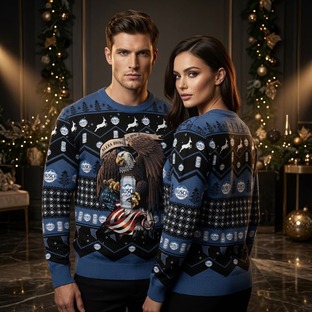 Alexa Bring Me Busch Light Ugly Christmas Sweater - Eagle American Flag Holiday Sweater