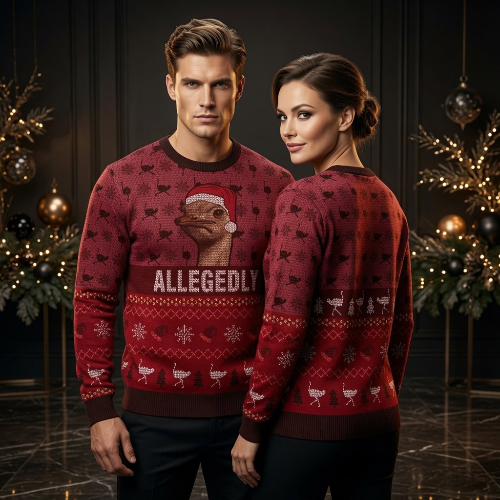 Allegedly Ugly Christmas Sweater - Funny Ostrich Meme Holiday Sweater