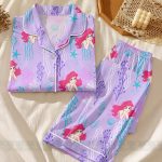 Ariel Little Mermaid On The Sea Satin Pajamas Set, Cute Princess Sleepwear, Vacation Pajama Gift