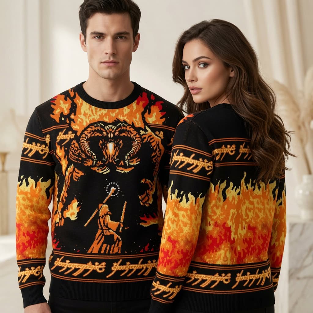 Balrog vs Gandalf Ugly Christmas Sweater You Shall Not Pass Fire Lord of the Rings Knit Sweater