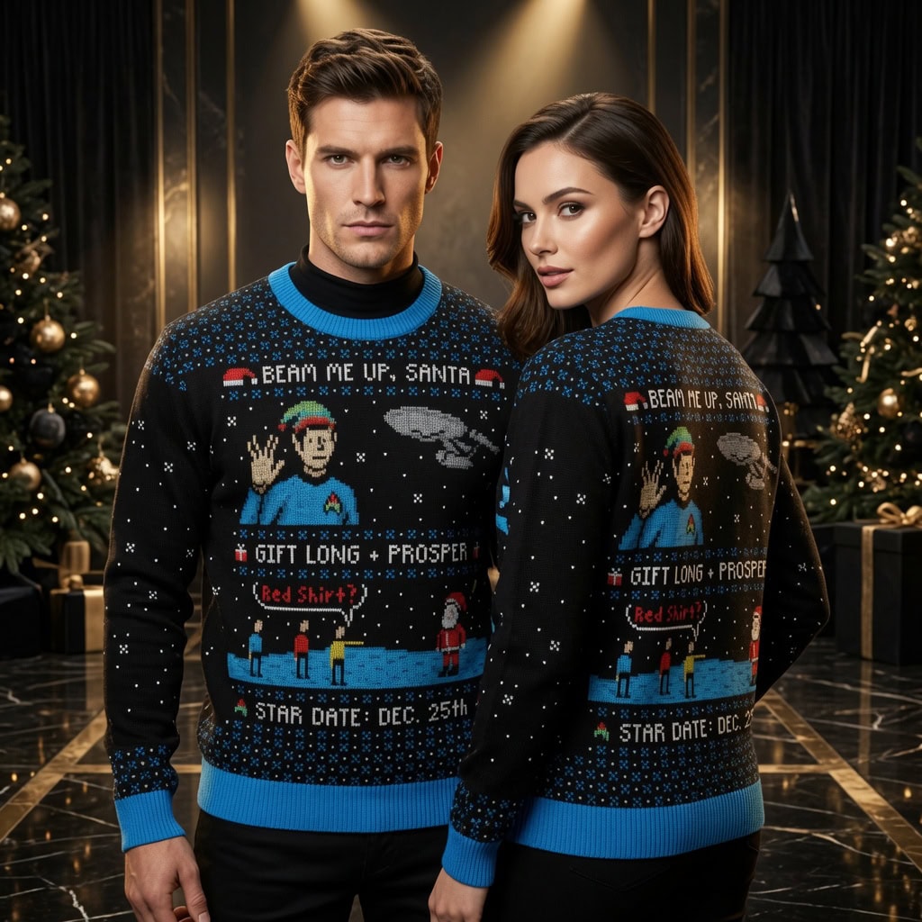 Beam Me Up Santa Ugly Christmas Sweater - Funny Spock Elf Star Trek Holiday Sweater