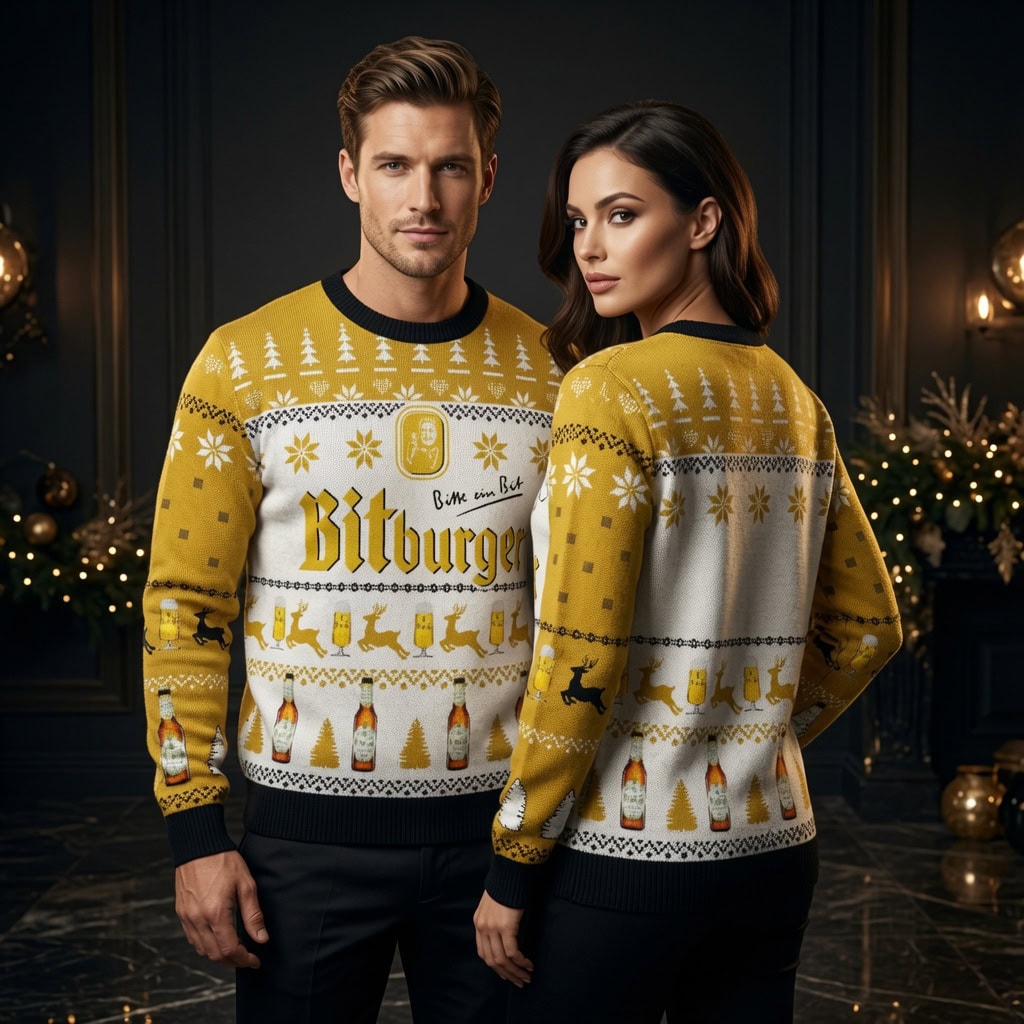 Bitburger Beer Ugly Christmas Sweater - Classic Reindeer Bottle Design Holiday Sweater