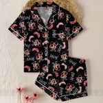 Black Mickey Minnie Pirate Satin Pajamas Set, Ahoy Pirates DN Kids Sleepwear, Vacation Pajama Gift