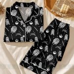 Black Star Wars Satin Pajamas Set, Space Movie Inspired Vacation Sleepwear, Vacation Pajama Gift