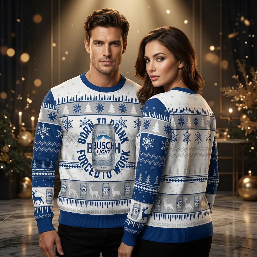 Born To Drink Forced To Work Ugly Christmas Sweater - Funny Busch Light Quote Holiday Sweater