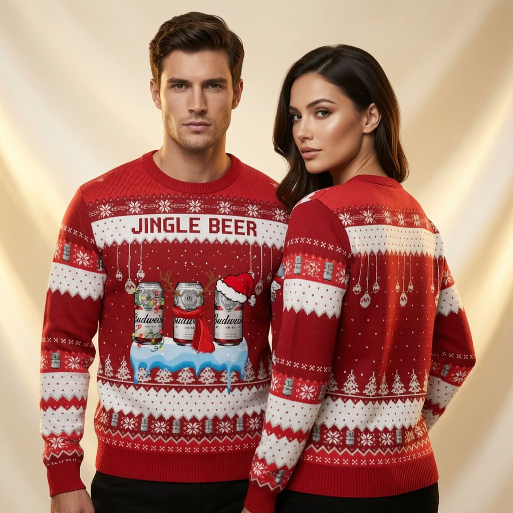 Budweiser Beer Ugly Sweater, Jingle Beer Cans Festive Christmas Holiday Jumper