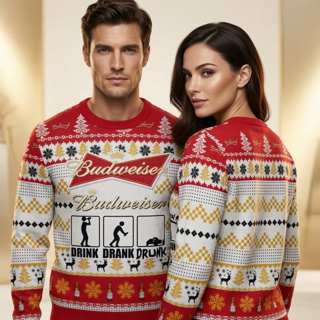 Budweiser Drink Drank Drunk Ugly Christmas Sweater, Funny Beer Xmas Sweatshirt