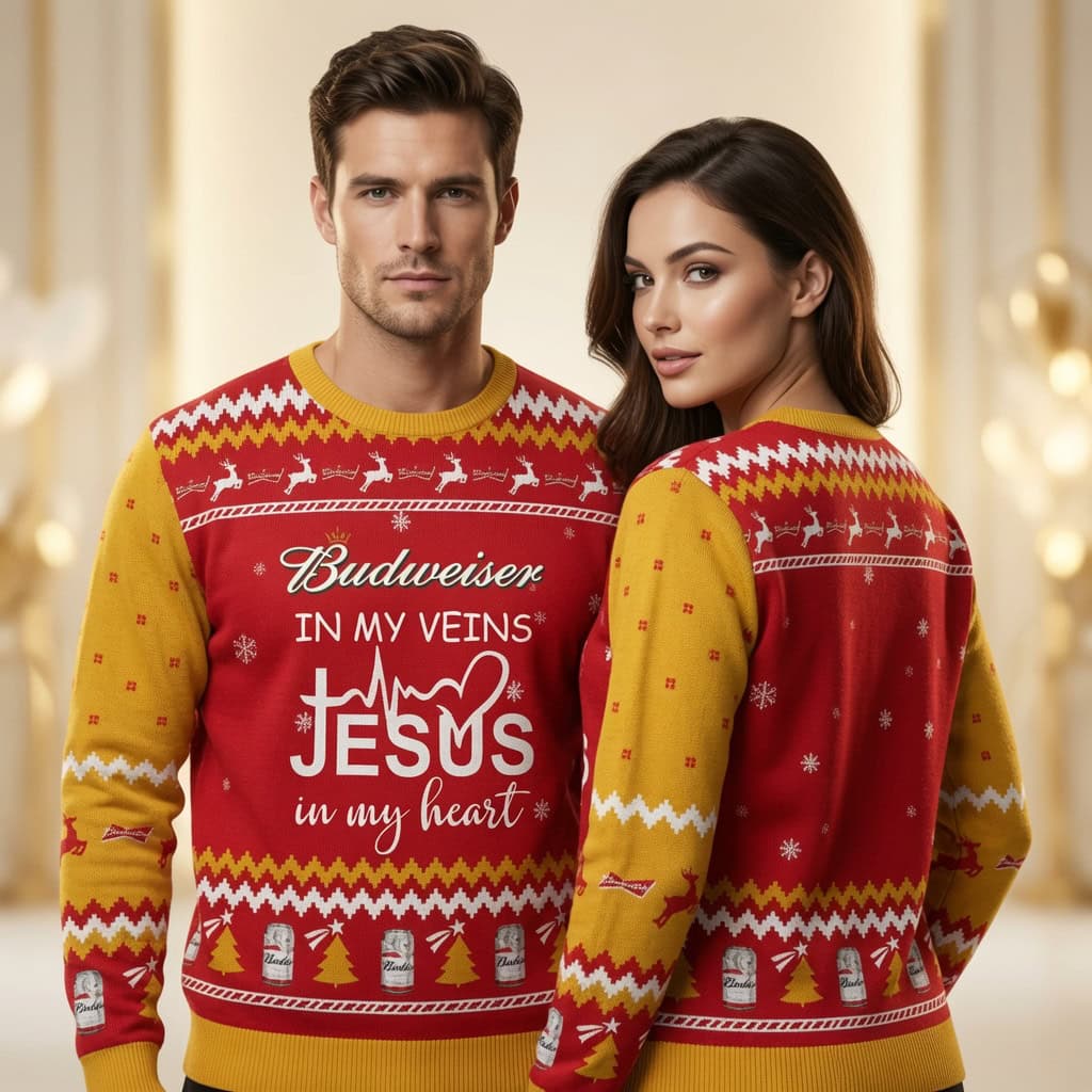 Budweiser In My Veins Jesus In My Heart Ugly Christmas Sweater, Beer Lover Sweatshirt