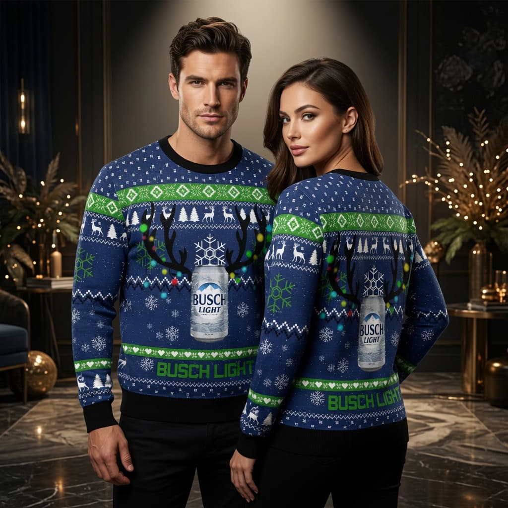 Busch Light Antler Can Ugly Christmas Sweater - Funny Christmas Lights Holiday Sweater