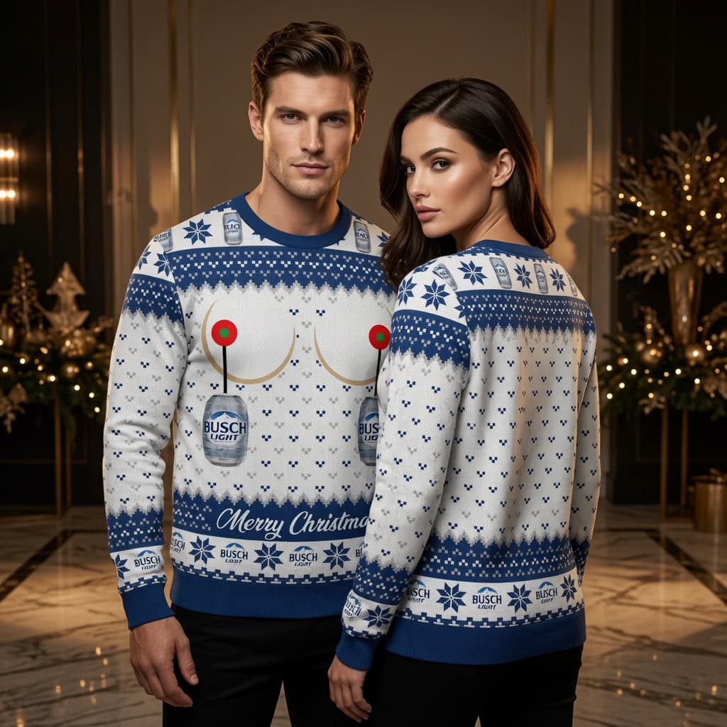 Busch Light Boobs Cans Merry Christmas Ugly Christmas Sweater – Funny Adult Holiday Sweater Busch Light Boobs Cans Merry Christmas Ugly Christmas Sweater - Funny Adult Holiday Sweater - Image 1