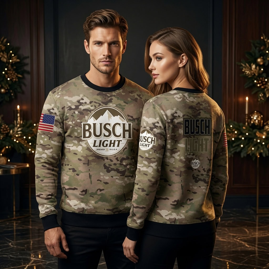 Busch Light Camo Military Ugly Christmas Sweater - Tactical Camouflage Holiday Sweater
