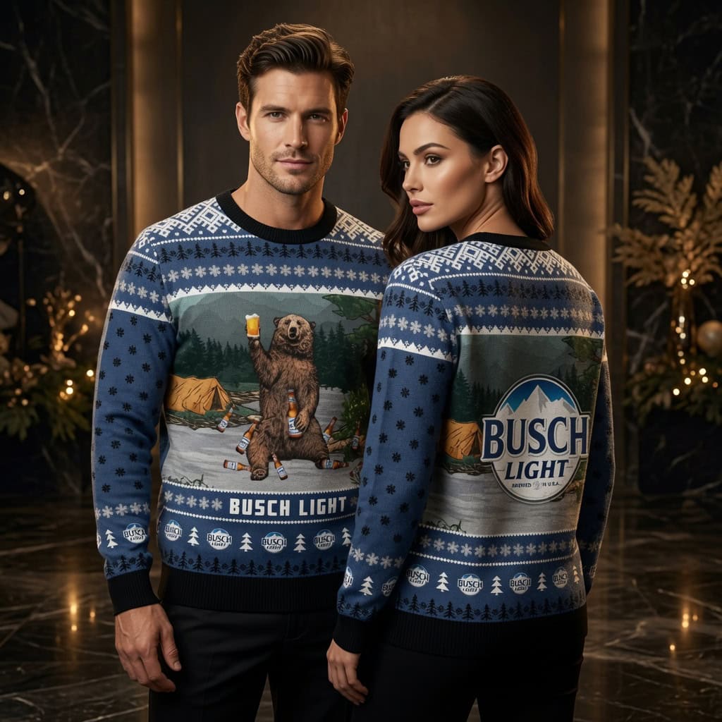 Busch Light Camping Bear Ugly Christmas Sweater - Funny Outdoor Beer Holiday Sweater