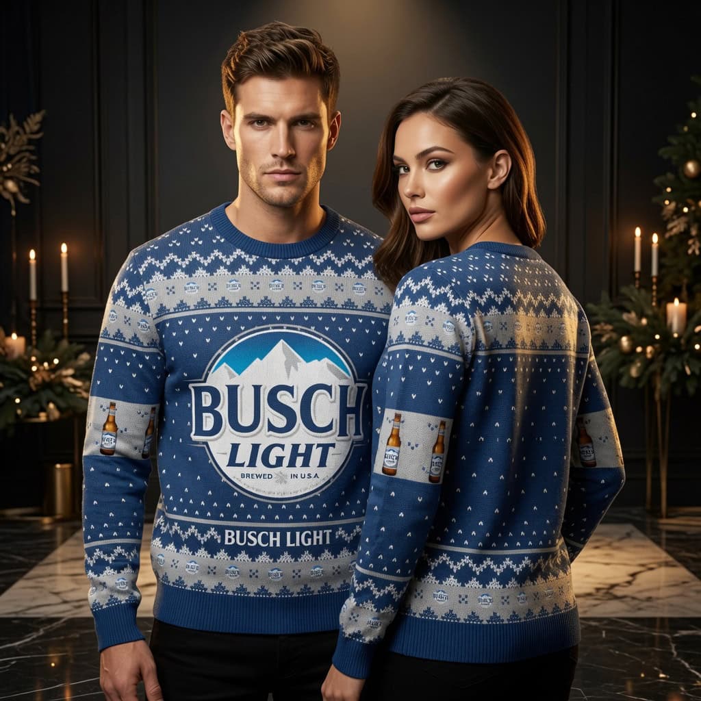 Busch Light Classic Mountain Logo Ugly Christmas Sweater – Blue Beer Holiday Sweater Busch Light Classic Mountain Logo Ugly Christmas Sweater - Blue Beer Holiday Sweater - Image 1