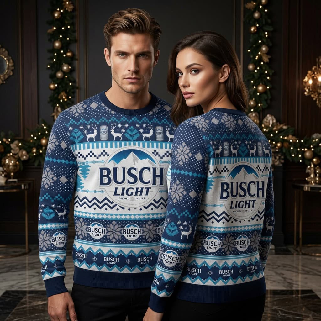 Busch Light Classic Mountain Logo Ugly Christmas Sweater - Blue Reindeer Holiday Sweater