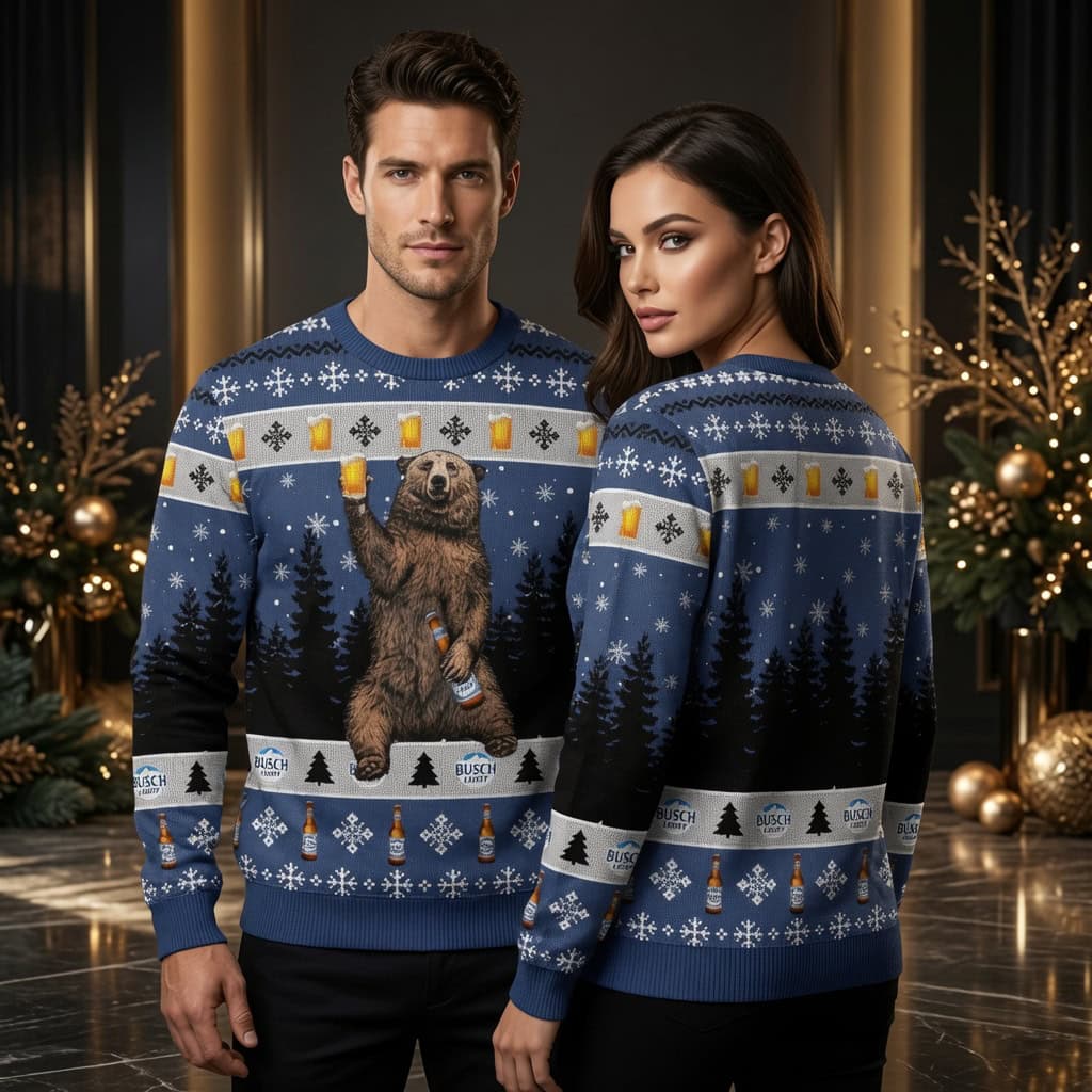 Busch Light Forest Bear Ugly Christmas Sweater - Funny Camping Beer Holiday Sweater