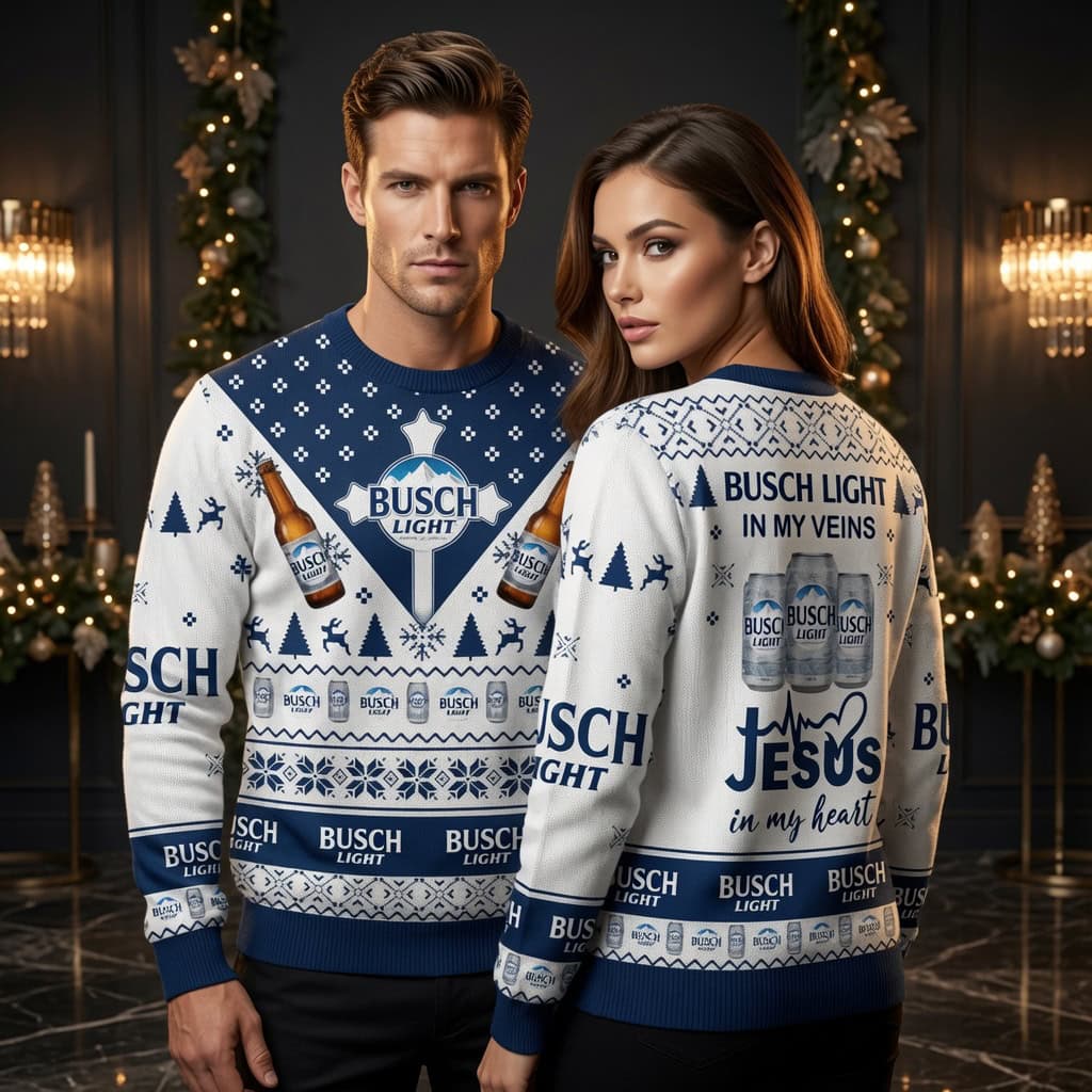 Busch Light In My Veins Jesus In My Heart Ugly Christmas Sweater - Funny Faith Holiday Sweater