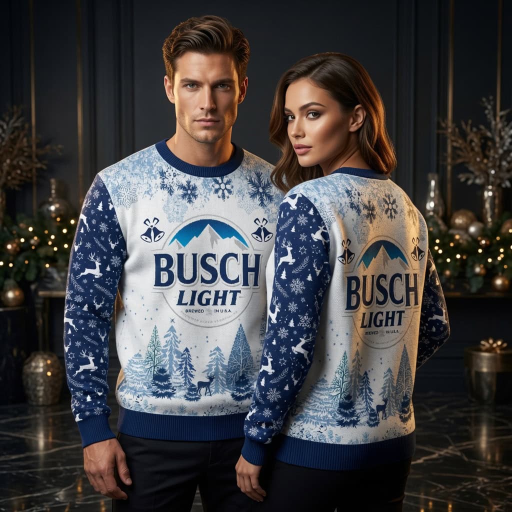 Busch Light Snowy Winter Forest Ugly Christmas Sweater - Blue White Holiday Sweater
